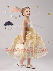 Pick Ups Ball Gowns Flower Girl Dresses Gold Straps Organza Sleeveless Tea Length Zipper