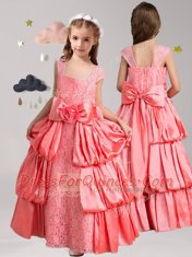 Straps Floor Length Watermelon Red Flower Girl Dress Taffeta and Lace Cap Sleeves Pick Ups and Bowknot and Hand Made Flower
