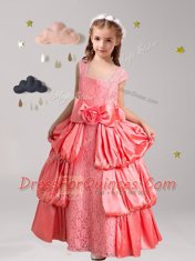 Straps Floor Length Watermelon Red Flower Girl Dress Taffeta and Lace Cap Sleeves Pick Ups and Bowknot and Hand Made Flower
