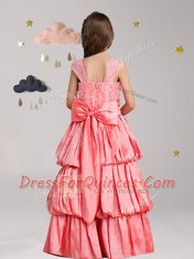 Straps Floor Length Watermelon Red Flower Girl Dress Taffeta and Lace Cap Sleeves Pick Ups and Bowknot and Hand Made Flower