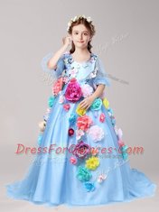 Baby Blue Half Sleeves With Train Hand Made Flower Zipper Flower Girl Dresses
