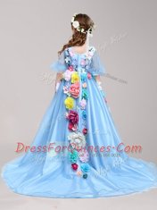 Baby Blue Half Sleeves With Train Hand Made Flower Zipper Flower Girl Dresses
