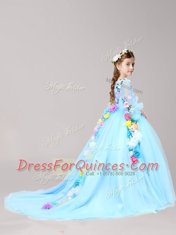 Baby Blue Half Sleeves With Train Hand Made Flower Zipper Flower Girl Dresses
