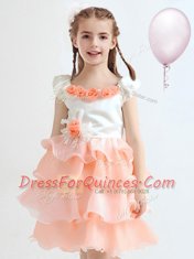 Latest Scoop Knee Length Peach Flower Girl Dresses Organza Cap Sleeves Ruffled Layers and Hand Made Flower