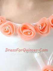 Latest Scoop Knee Length Peach Flower Girl Dresses Organza Cap Sleeves Ruffled Layers and Hand Made Flower