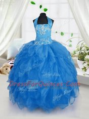 Customized Halter Top Organza Sleeveless Floor Length Little Girl Pageant Dress and Appliques and Ruffles