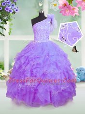 Stylish Lavender Ball Gowns One Shoulder Sleeveless Organza Floor Length Lace Up Beading and Ruffles Little Girl Pageant Dress