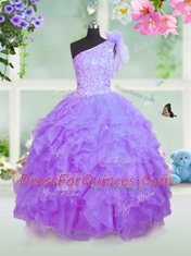 Stylish Lavender Ball Gowns One Shoulder Sleeveless Organza Floor Length Lace Up Beading and Ruffles Little Girl Pageant Dress