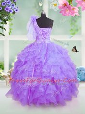 Stylish Lavender Ball Gowns One Shoulder Sleeveless Organza Floor Length Lace Up Beading and Ruffles Little Girl Pageant Dress