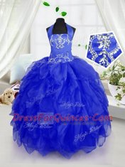 Flare Halter Top Royal Blue Organza Lace Up Girls Pageant Dresses Sleeveless Floor Length Appliques and Ruffles