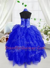 Flare Halter Top Royal Blue Organza Lace Up Girls Pageant Dresses Sleeveless Floor Length Appliques and Ruffles