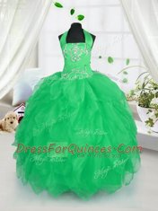 Clearance Apple Green Halter Top Lace Up Appliques and Ruffles Flower Girl Dress Sleeveless