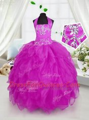 Halter Top Sleeveless Floor Length Appliques and Ruffles Lace Up Little Girls Pageant Dress Wholesale with Purple