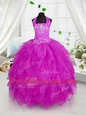 Halter Top Sleeveless Floor Length Appliques and Ruffles Lace Up Little Girls Pageant Dress Wholesale with Purple