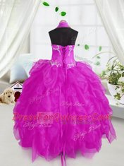 Halter Top Sleeveless Floor Length Appliques and Ruffles Lace Up Little Girls Pageant Dress Wholesale with Purple