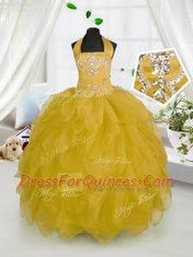 Halter Top Organza Sleeveless Floor Length Pageant Gowns For Girls and Beading and Ruffles