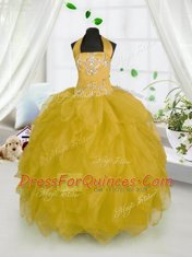 Halter Top Organza Sleeveless Floor Length Pageant Gowns For Girls and Beading and Ruffles