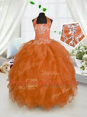 Halter Top Sleeveless Pageant Gowns For Girls Floor Length Beading and Ruffles Orange Red Organza