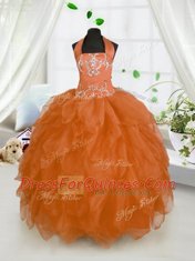 Halter Top Sleeveless Pageant Gowns For Girls Floor Length Beading and Ruffles Orange Red Organza