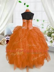 Halter Top Sleeveless Pageant Gowns For Girls Floor Length Beading and Ruffles Orange Red Organza