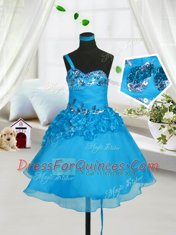 Baby Blue Organza Lace Up Little Girls Pageant Dress Wholesale Sleeveless Knee Length Beading and Hand Made Flower