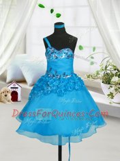 Baby Blue Organza Lace Up Little Girls Pageant Dress Wholesale Sleeveless Knee Length Beading and Hand Made Flower