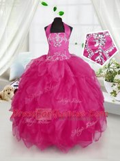 New Style Fuchsia Organza Lace Up Halter Top Sleeveless Floor Length Little Girls Pageant Dress Wholesale Appliques and Ruffles