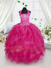 New Style Fuchsia Organza Lace Up Halter Top Sleeveless Floor Length Little Girls Pageant Dress Wholesale Appliques and Ruffles