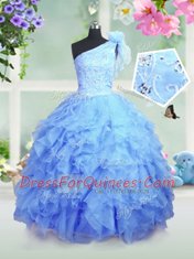 One Shoulder Sleeveless Organza Toddler Flower Girl Dress Beading and Ruffles Lace Up