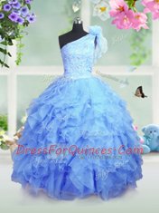 One Shoulder Sleeveless Organza Toddler Flower Girl Dress Beading and Ruffles Lace Up