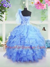 One Shoulder Sleeveless Organza Toddler Flower Girl Dress Beading and Ruffles Lace Up