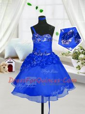 Blue A-line Beading and Hand Made Flower Little Girls Pageant Dress Wholesale Lace Up Organza Sleeveless Knee Length