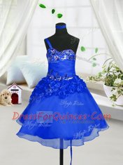 Blue A-line Beading and Hand Made Flower Little Girls Pageant Dress Wholesale Lace Up Organza Sleeveless Knee Length