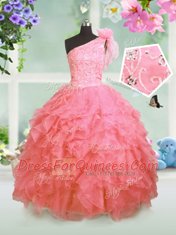 Amazing Watermelon Red Lace Up One Shoulder Beading and Ruffles Flower Girl Dresses for Less Organza Sleeveless
