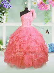 Amazing Watermelon Red Lace Up One Shoulder Beading and Ruffles Flower Girl Dresses for Less Organza Sleeveless