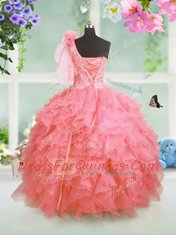 Amazing Watermelon Red Lace Up One Shoulder Beading and Ruffles Flower Girl Dresses for Less Organza Sleeveless