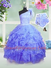 One Shoulder Sleeveless Organza Toddler Flower Girl Dress Beading and Ruffles Lace Up