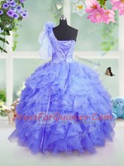 One Shoulder Sleeveless Organza Toddler Flower Girl Dress Beading and Ruffles Lace Up