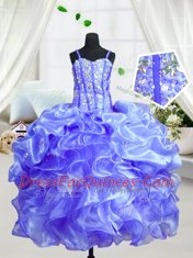 Adorable Baby Blue Ball Gowns Spaghetti Straps Sleeveless Organza Floor Length Lace Up Beading and Ruffles Flower Girl Dress