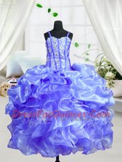 Adorable Baby Blue Ball Gowns Spaghetti Straps Sleeveless Organza Floor Length Lace Up Beading and Ruffles Flower Girl Dress