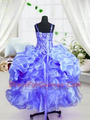 Adorable Baby Blue Ball Gowns Spaghetti Straps Sleeveless Organza Floor Length Lace Up Beading and Ruffles Flower Girl Dress