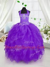 Ideal Purple Halter Top Neckline Appliques and Ruffles Flower Girl Dresses for Less Sleeveless Lace Up