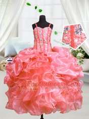 Watermelon Red Spaghetti Straps Lace Up Beading and Ruffles Kids Pageant Dress Sleeveless