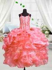 Watermelon Red Spaghetti Straps Lace Up Beading and Ruffles Kids Pageant Dress Sleeveless