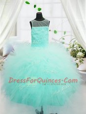 Scoop Aqua Blue Sleeveless Beading and Appliques Floor Length Little Girl Pageant Gowns