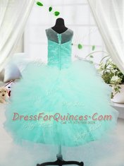 Scoop Aqua Blue Sleeveless Beading and Appliques Floor Length Little Girl Pageant Gowns