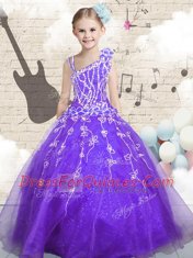 Luxury Floor Length Lilac Little Girls Pageant Gowns Organza Sleeveless Beading and Appliques and Hand Made Flower