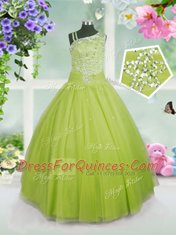 Luxurious Ball Gowns Little Girls Pageant Dress Wholesale Apple Green Asymmetric Tulle Sleeveless Floor Length Side Zipper