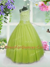 Luxurious Ball Gowns Little Girls Pageant Dress Wholesale Apple Green Asymmetric Tulle Sleeveless Floor Length Side Zipper