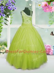 Luxurious Ball Gowns Little Girls Pageant Dress Wholesale Apple Green Asymmetric Tulle Sleeveless Floor Length Side Zipper
